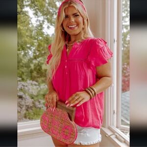 Fuchsia Pink 2X Short Flutter Sleeve Button Front Lace Crochet Detail Blouse